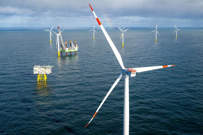 Le parc éolien offshore de Riffgat, à 15 kilomètres au nord de l’île de Borkum (Allemagne), en mer du Nord, le 16 novembre 2023.