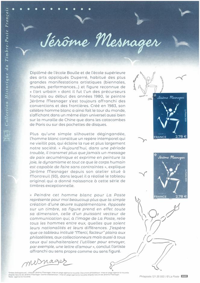 « Document philatélique » imprimé sur du vélin d’Arches édité par La Poste comprenant le timbre de la série artistique créé par Jérôme Mesnager (mise en page agence La Nouvelle), la gravure, le timbre à date illustré « premier jour » et le cachet sec de l’imprimerie de Périgueux. Document avec dessin et signature autographe manuscrite de l’artiste.