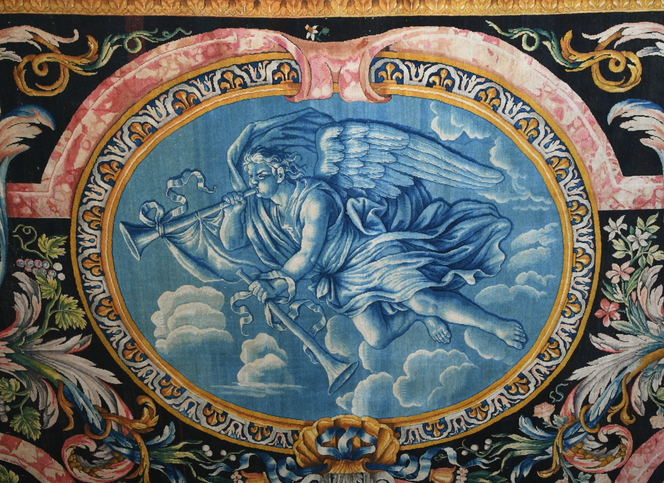 Figure allégorique de la Renommée,
détail du 5e tapis de la Grande Galerie du Louvre, 1668-1677, laine et lin, 8,8 x 4,8 m, manufacture de la Savonnerie d’après Charles Le Brun (1619-1690),
Paris, Mobilier national, GMT 2019.