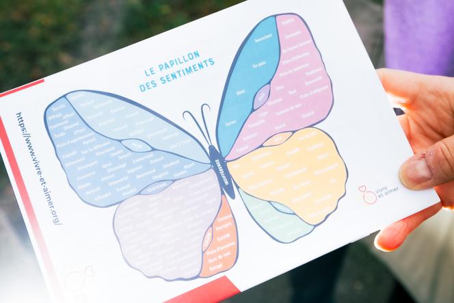 Grâce à la boîte à outils proposée par l’association Vivre et aimer, Pierre et son épouse apprennent à trouver les mots justes pour qualifier leurs émotions. Ici, ils montrent le « papillon des sentiments », qui propose un vocabulaire nuancé. 