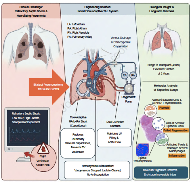 Système pulmonaire artificiel total extracorporel permettant une pneumonectomie bilatérale
pour contrôler la source infectieuse chez un patient atteint d’un SDRA compliqué d’une pneumonie nécrosante et d’un choc septique réfractaire. Yan Y, et al. Med. 2026.