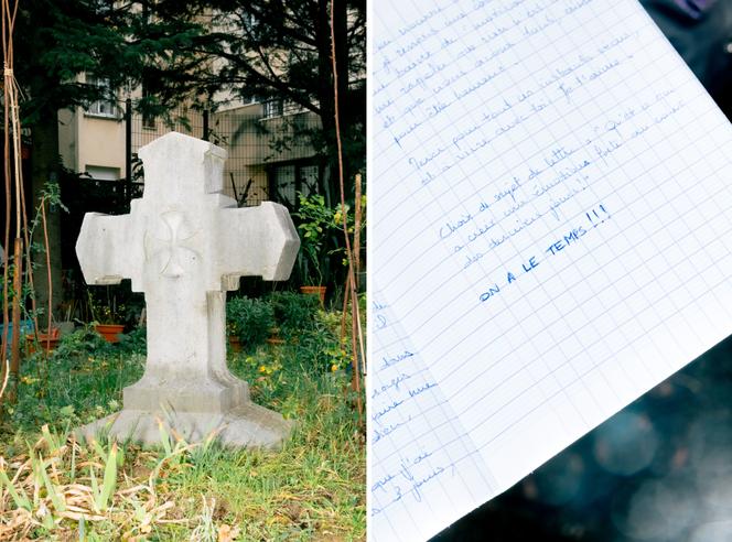 A gauche : dans le jardin de la paroisse du 18ᵉ arrondissement de Paris que fréquentent Pierre et son épouse. A droite : un détail des « cahiers de communication » qu’ils alimentent et s’échangent pour renforcer leur couple.