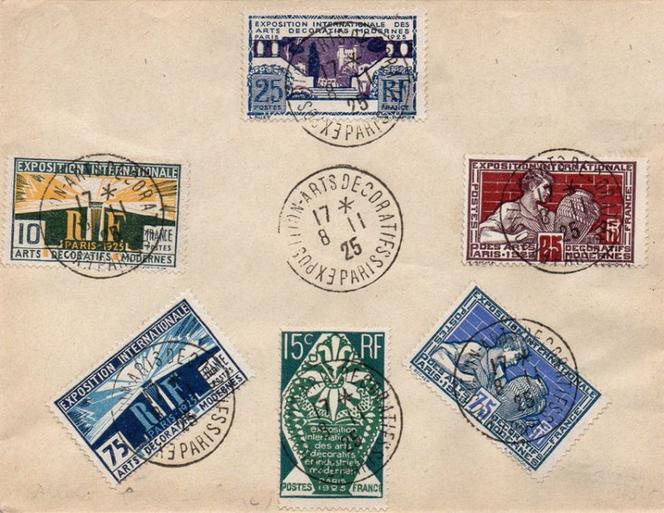 Les six timbres parus pour l’Exposition internationale des Arts décoratifs, oblitérés le 8 novembre 1925, jour de la clôture de la manifestation.