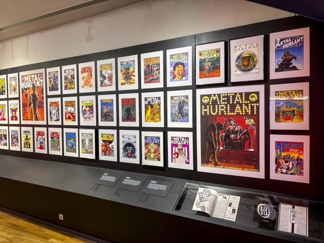 Les dessins de une d’anciens numéros, lors de l’exposition « Métal Hurlant. Embarquement immédiat », au musée de la bande dessinée de Bruxelles, le 27 novembre 2025.