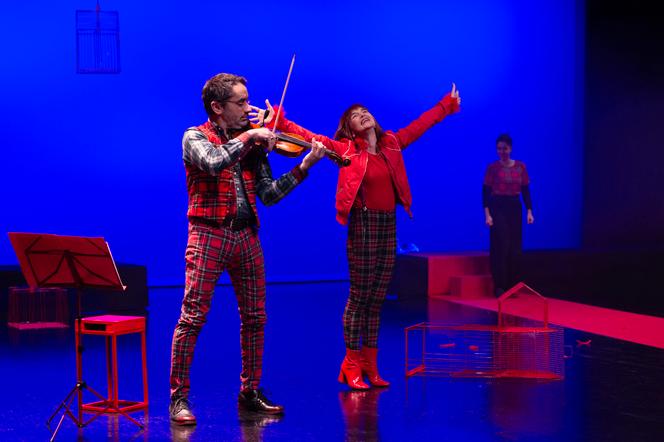 Le violoniste Eric Slabiak, la comédienne Anne Rotger et l’interprète en langue des signes Virginie Baudet, lors d’une représentation du spectacle « Un chat botté », mis en scène par Marie Piemontese et Florent Trochel, au Théâtre Luxembourg de Meaux (Seine-et-Marne), le 26 novembre 2025.
