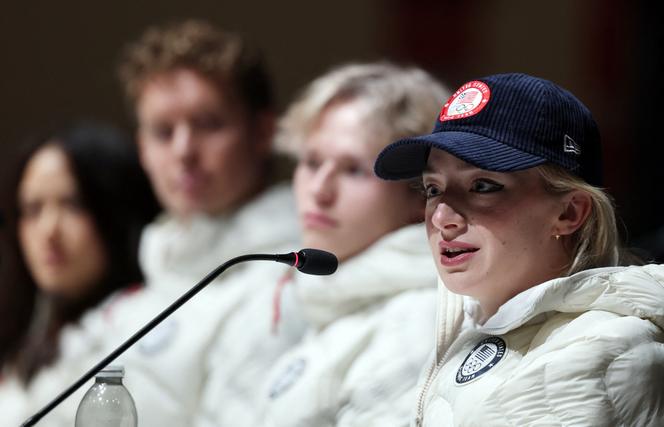 La patineuse artistique américaine Amber Glenn, lors d’une conférence de presse donnée au Centre des médias de Milan, le 4&nbsp;février&nbsp;2026, avant le lancement officiel des Jeux olympiques d’hiver.