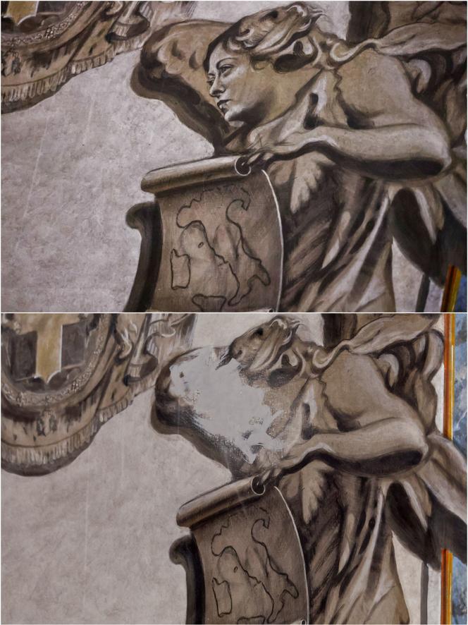 A combination image shows the apparent likeness of Italian Prime Minister Giorgia Meloni on a restored angel fresco on January 31, 2026 (top), and the angel fresco painting covered, after sparking political and clerical controversy (bottom), inside the Basilica of St. Lawrence in Lucina, Rome, Italy, February 4, 2026.