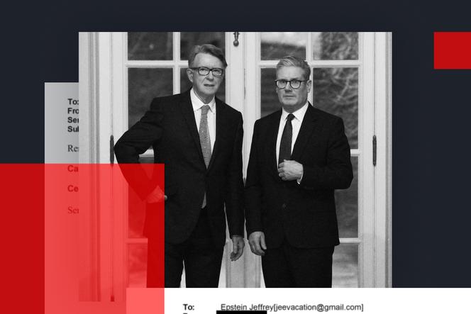 Le premier ministre britannique, Keir Starmer, et l’ambassadeur du Royaume-Uni aux Etats-Unis, Peter Mandelson, lors d’une réception à la résidence de l’ambassadeur&nbsp;à Washington, le 26&nbsp;février 2025.  Montage réalisé par «&nbsp;Le Monde&nbsp;»