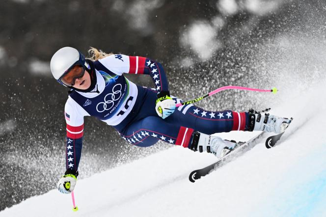 L’Américaine Lindsey Vonn lors du deuxième entraînement officiel de la descente femmes des Jeux olympiques d’hiver de Milan-Cortina, à Cortina d’Ampezzo (Italie), le 6 février 2026.