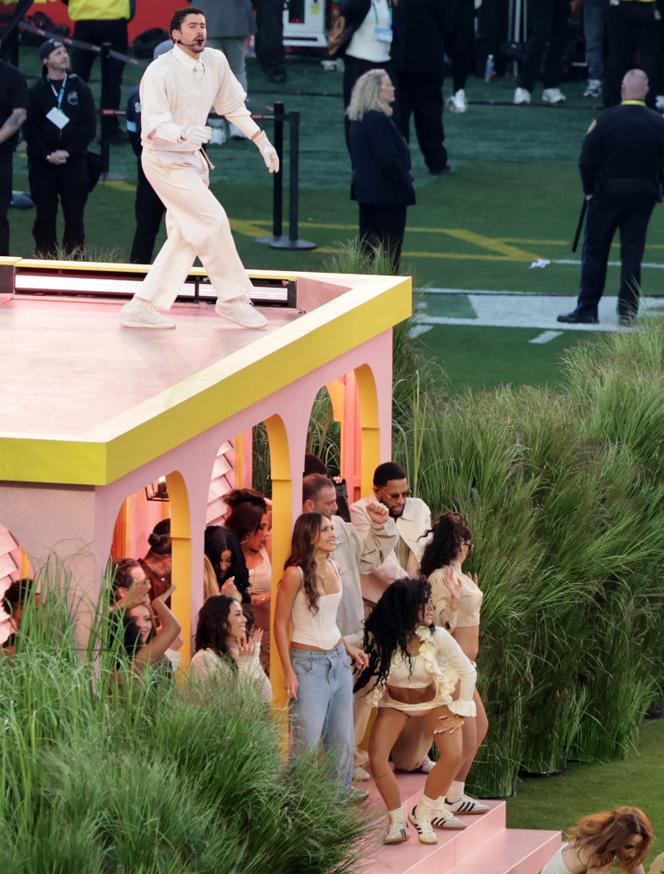 Bad Bunny performs above Jessica Alba during the halftime show of Super Bowl LX, New England Patriots v Seattle Seahawks, Levi's Stadium, Santa Clara, California, on February 8, 2026.