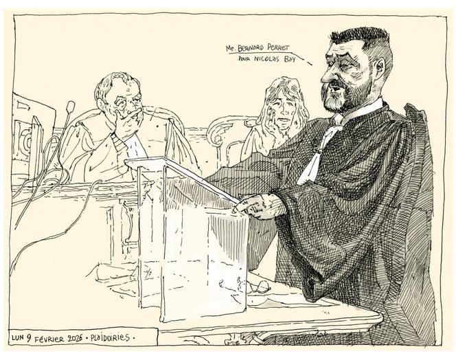 Bernard Perret, l’avocat de Nicolas Bay. En arrière-plan, Patrick Maisonneuve et Bérénice de Warren, avocats des parties civiles, le 9 février 2026.