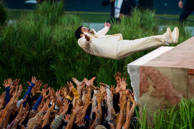 Bad Bunny performs during the halftime show of Super Bowl 60 between the Seattle Seahawks and New England Patriots in Santa Clara, California, on February 8, 2026. 