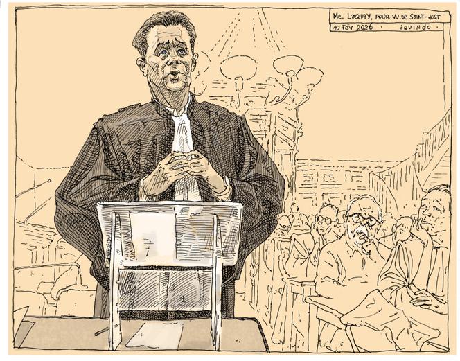 O advogado de Wallerand de Saint-Just, Mᵉ Henri Laquay, no tribunal de Paris, 10 de fevereiro de 2026.