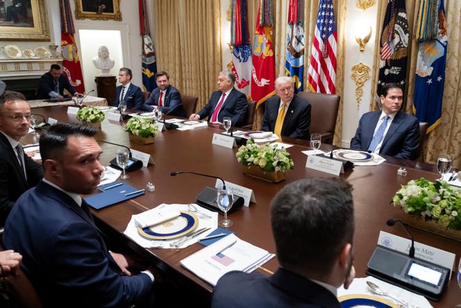 Lors d’une rencontre entre Donald Trump et Viktor Orban (au centre), entourés notamment de Pete Hegseth, J.D. Vance et Marco Rubio, à la Maison Blanche, à Washington, le 7 novembre 2025.