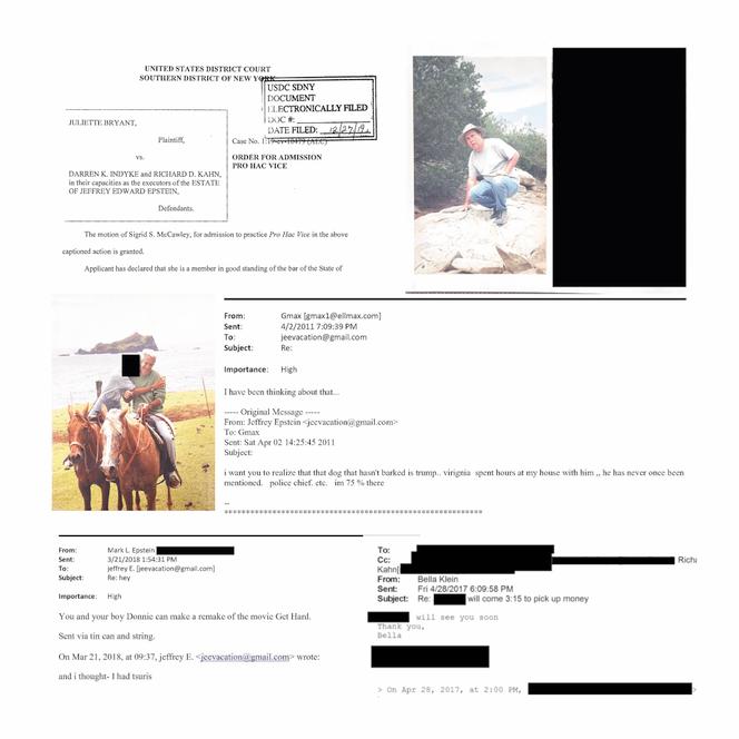 Extraits de documents et photos figurant dans les « Epstein Files ».