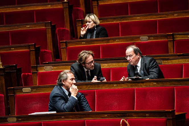Boris Vallaud, president of the socialist group, François Hollande and Jérôme Guedj at the National Assembly, in Paris, November 4, 2025.