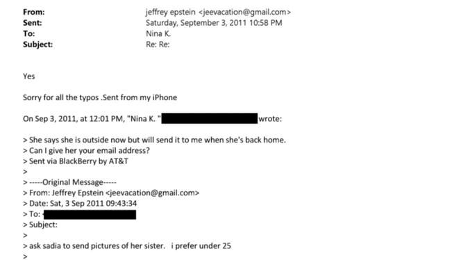 Une capture d’écran d’un échange d’e-mail entre Jeffrey Epstein et Nina Keita, obtenu sur le site du ministère de la justice américain.