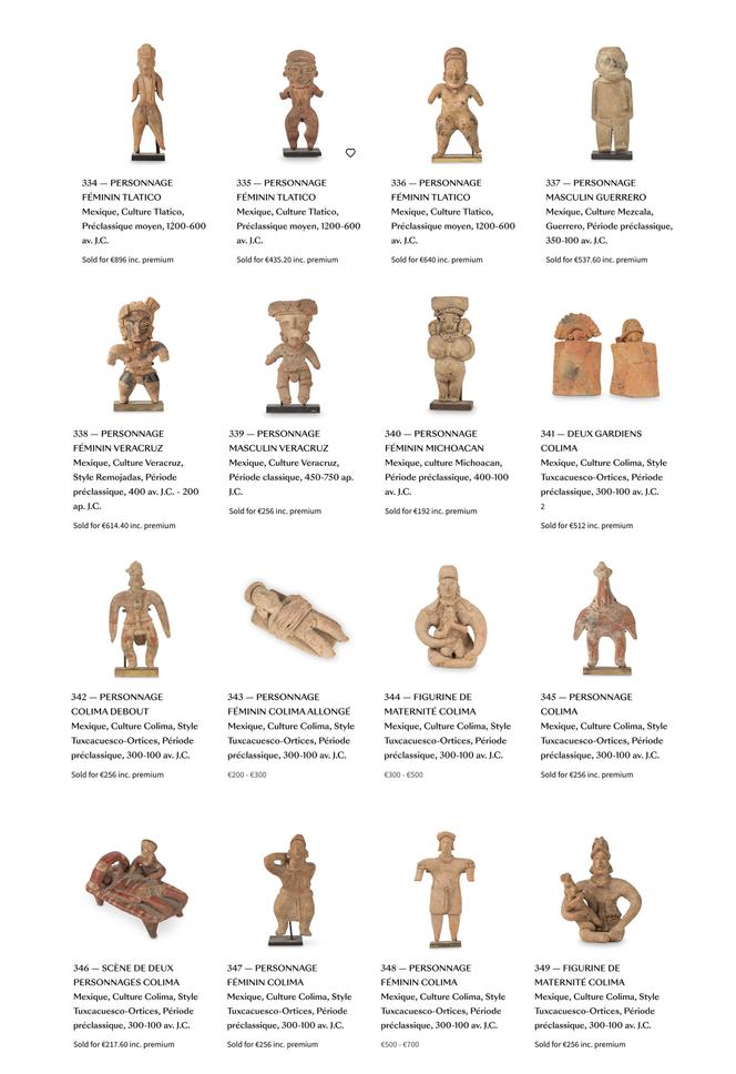 Une capture d’écran provenant du site de vente aux enchères de la maison Bonhams, montrant des pièces préhispaniques vendues le 16 décembre 2025.