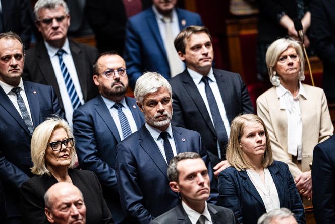 The president of the La Droite Républicaine group, Laurent Wauquiez, and his deputies observe a minute of silence in tribute to the death of far-right activist Quentin Derande, at the National Assembly, in Paris, February 17, 2026.