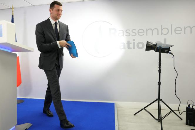 Jordan Bardella, president of the National Rally, leaves the press conference held in Paris, February 18, 2026, following the death of far-right activist Quentin Deranque. 