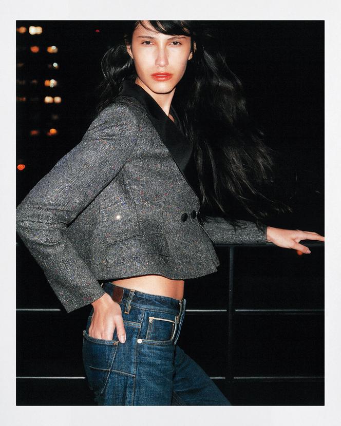 Veste en tweed Sequins Donegal et jean Dior.