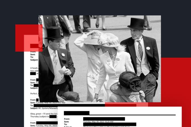 De gauche à droite, le prince Andrew, duc d’York, Ghislaine Maxwell et Jeffrey Epstein, au Ladies Day, lors du Royal Ascot à Windsor, le 22&nbsp;juin&nbsp;2000.