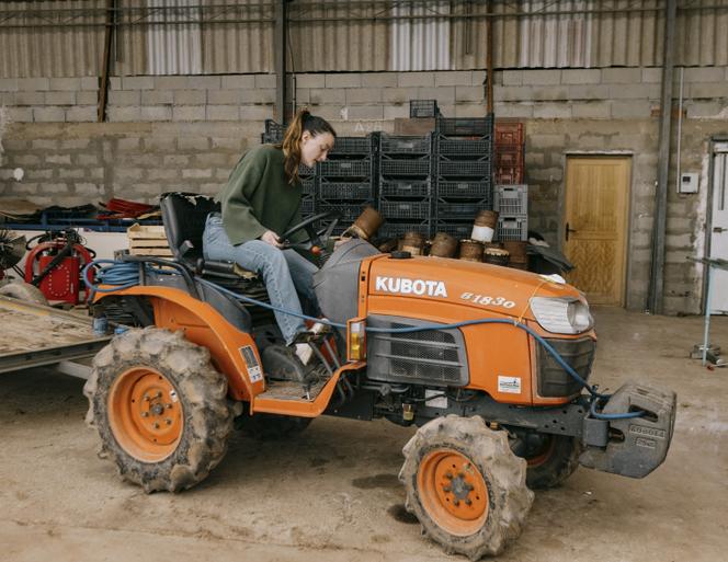 Sophie Hilaire, arboricultrice, sur le tracteur qui appartenait à son père, à Beaucaire (Gard), le 11 février 2026.