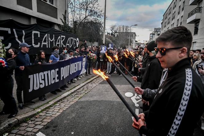 Lyon, le 21 février 2026. Marche en hommage au militant identitaire Quentin Deranque, mort le 14 février des suites des blessures reçues lors d’une rixe le 12 février, organisée par Aliette Espieux, ex-porte parole de la Marche pour la vie et fondatrice de Génération pro-vie.