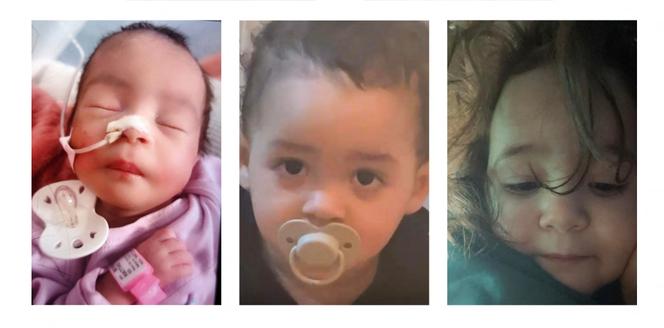 Photographies non datées diffusées par la gendarmerie samedi&nbsp;21&nbsp;février&nbsp;2026,&nbsp;dans le cadre de la procédure Alerte enlèvement, représentant (de gauche à droite) Dalia, âgée de 6&nbsp;semaines et souffrant d’une maladie cardiaque, son frère, Nael, âgé de 18&nbsp;mois, et sa sœur, Eline, âgée de 2&nbsp;ans et demi.