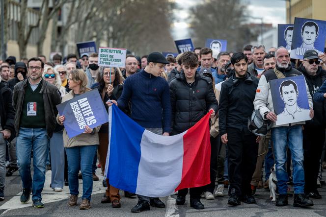 Lors de la marche en hommage au militant d’extrême droite Quentin Deranque, organisé par Aliette Espieux, ex-porte-parole de la Marche pour la vie et fondatrice de Génération pro-vie, à Lyon, le 21 février 2026.