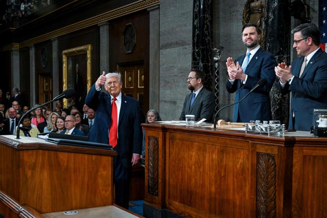 Donald Trump, dans l’hémicycle de la Chambre des représentants, au Capitole, à Washington, le 24&nbsp;février 2026.