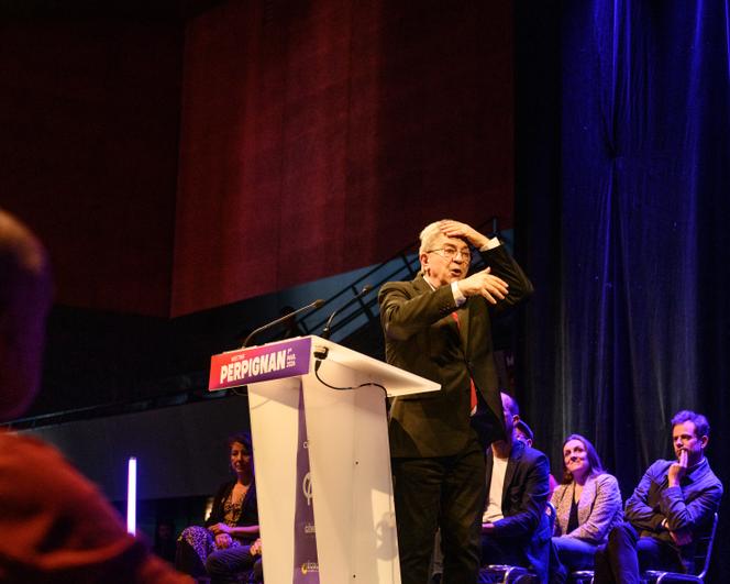 Jean-Luc Mélenchon, during a meeting in support of Mickaël Idrac, head of the LFI list in the municipal elections, in Perpignan, March 1, 2026.