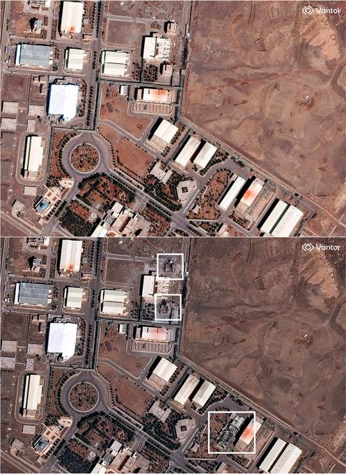 Des images satellites prise par l’entreprise américaine Vantor, le 1er mars (en haut) et le 2 mars (en bas) montrent des dommages sur le site nucléaire de Natanz, dans le centre de l’Iran.