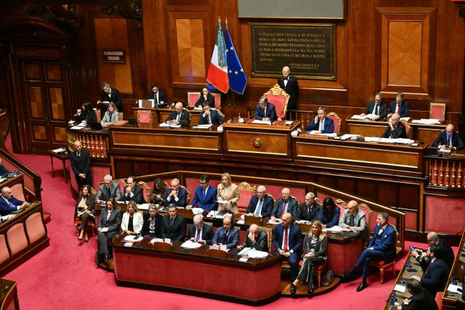 Giorgia Meloni au Sénat italien, à Rome, le 22 octobre 2025. 