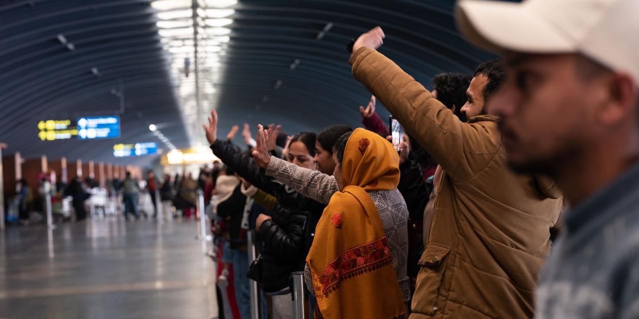 Relatives of nepali migrants bid farewell at the Tribhuwan International Airport in Kathmandu on Saturday, 28 February 2026.