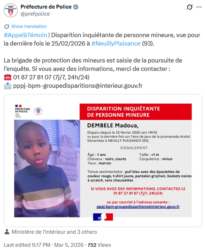 Capture d’écran sur X de la Préfecture de police, le 5 mars 2026.