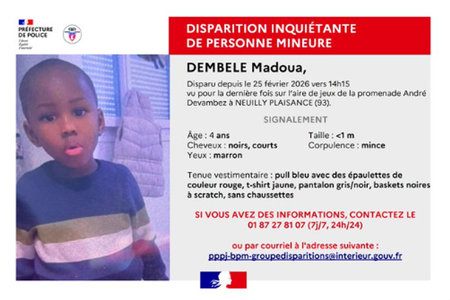 Disparition de Madoua : une semaine après sa disparition à Neuilly-Plaisance, l’enfant de quatre ans est introuvable