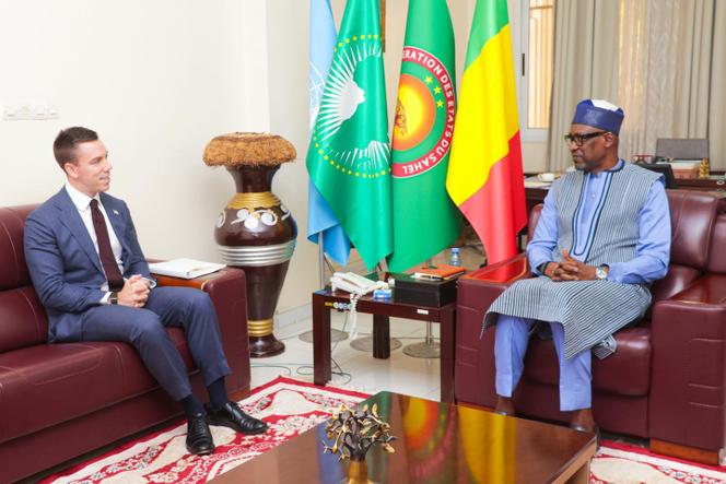 Nick Checker, chef du bureau des affaires africaines du département d’Etat américain, et Adboulaye Diop, le ministre des affaires étrangères malien, lors de sa visite au Mali, à Bamako, sur une photo publiée sur le compte Facebook du ministère malien, le 2 février 2026.