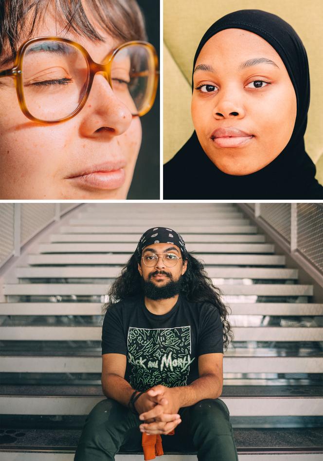 « Le Monde » a demandé à Jean-Matthieu Gautier de réaliser une série de portraits sur le thème du visage. Les personnes photographiées sont des jeunes contribuant au festival Nos futurs. Ils n’ont pas de lien avec ce texte. Ici Héloïse Robert, Victorya Mbinga et Jovanny Vilcourt aux Champs libres, à Rennes, les 4 et 5 mars 2026.