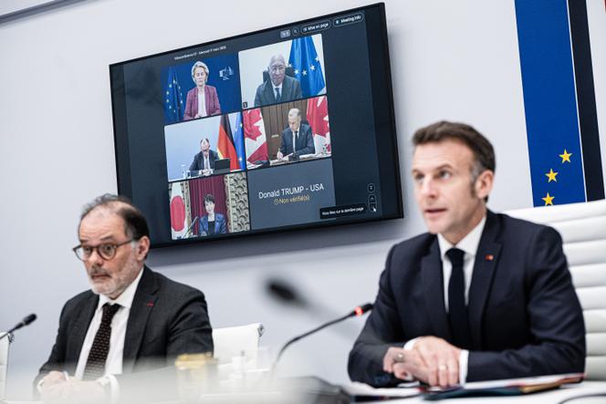 Lors d’une réunion du G7, en visioconférence depuis l’Elysée, consacrée aux conséquences économiques de la guerre au Moyen-Orient, au palais de l’Elysée, à Paris, le 11 mars 2026.