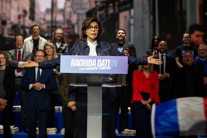 Rachida Dati, lors d’un meeting électoral, à Paris, le 12 mars 2026.