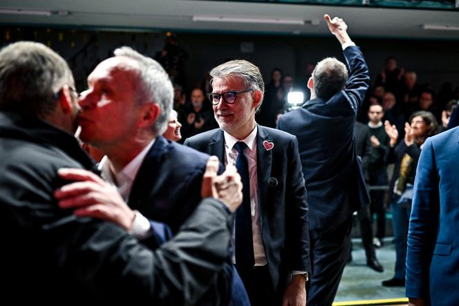 Olivier Faure et Raphael Glucksmann venus soutenir  Thierry Miguel candidat du PS, de Place Publique et du PCF aux élections municipales à Limoges, (Haute-Vienne) le 12 mars 2026.