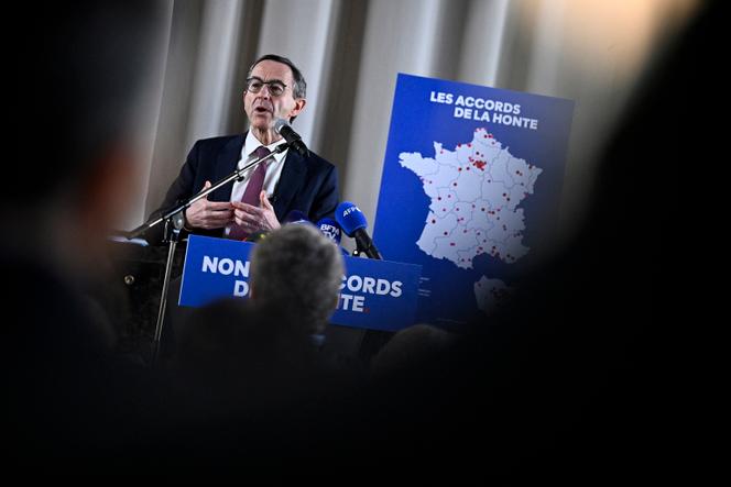 Bruno Retailleau lors d’une conférence de presse à propos des accords entre le PS et LFI à organisée à la mairie du Blanc-Mesnil (Seine-Saint-Denis), le 5 mars 2026.