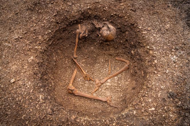 Sépulture d’un individu assis, à Dijon, en 2025.