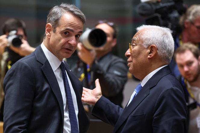 Greek Prime Minister Kyriakos Mitsotakis speaks with President of the European Council Antonio Costa, in Brussels, Belgium, on March 19, 2026.