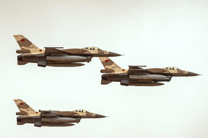 Des avions de chasse F-16 marocains lors de l’exercice militaire conjoint annuel « African Lion » entre les forces américaines et marocaines, dans le sud-ouest du Maroc, le 31 mai 2024.