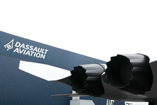 Détail d’une maquette du chasseur SCAF, au Salon international de l’aéronautique et de l’espace, à l’aéroport du Bourget (Seine-Saint-Denis), le 15 juin 2025. 