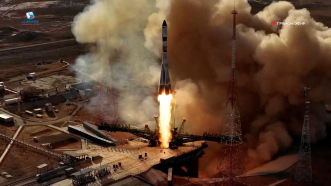 A Soyuz-2.1a rocket booster with a Progress MS-33 cargo spacecraft blasts off to the International Space Station (ISS) from the launch pad at the Baikonur Cosmodrome, Kazakhstan March 22, 2026, in this still image taken from video.
