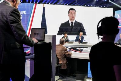 On the BFM-TV set during the speech by Rassemblement National president Jordan Bardella in Paris, March 22, 2026.