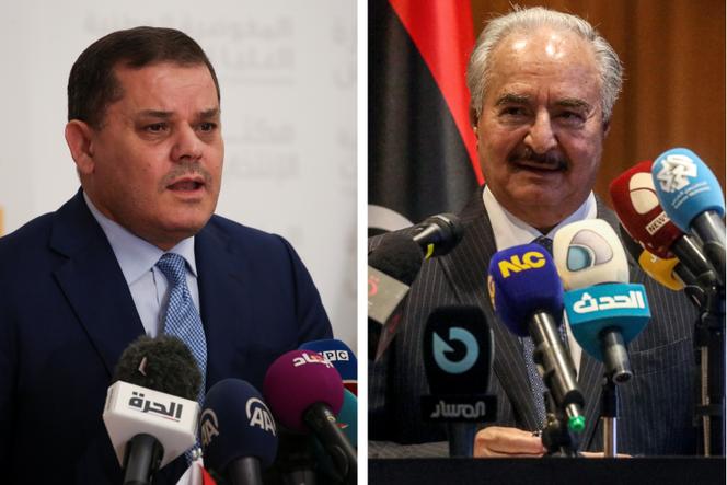 Le premier ministre Abdel Hamid Dbeibah (à gauche) à Tripoli, le 21 novembre 2021, et le maréchal Khalifa Haftar (à droite) à Sebha, le 5 septembre 2024.